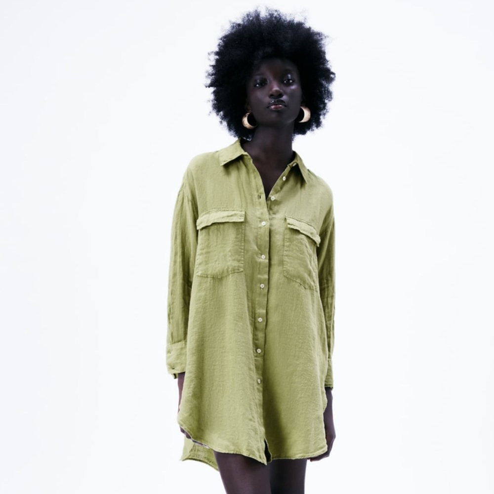 NWT ZARA 100% LINEN OVERSIZED GREEN SHIRT - Picture 7 of 14